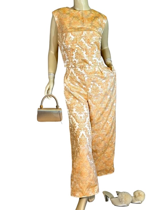 Handmade Pants - HANDMADE UPCYCLED WIDE LEG PANTS & CROP TOP CREAM & ORANGE SET (XL)